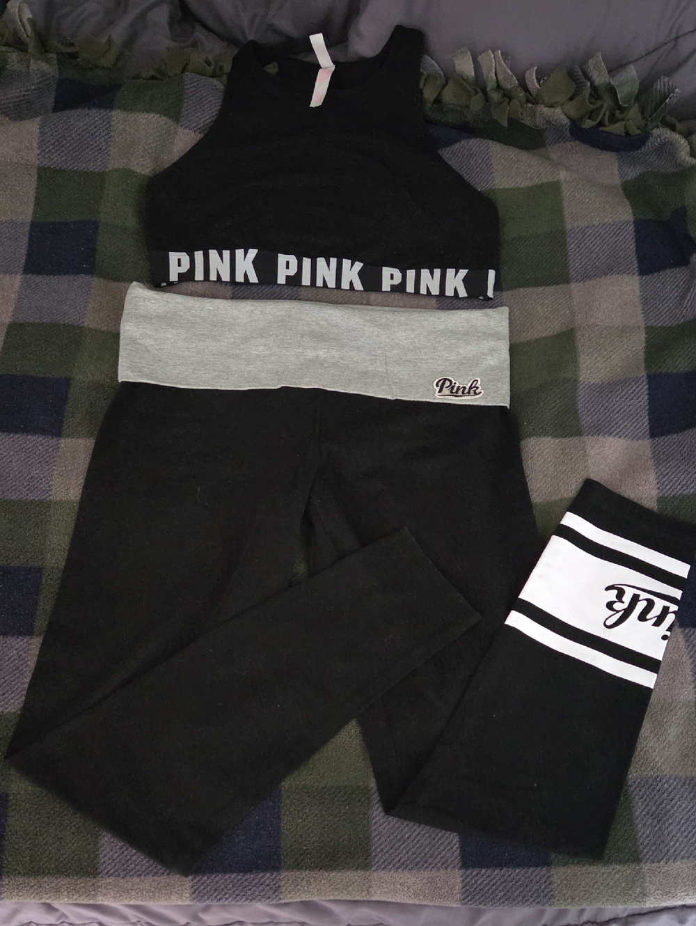 PINK Victoria's Secret Black & Gray Logo Leggings with Crop Tank Set